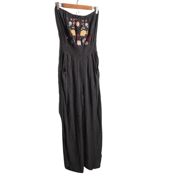 Xhilaration | Grey Strapless Jumpsuit Jeweled & Embroidered Floral Boho Chest - Picture 5 of 10